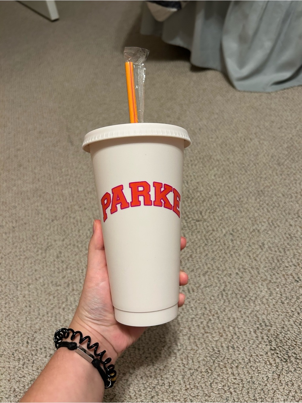 Dunkin x Parke White Tumbler Cup with Orange 'PARKE' Logo and Orange Straw